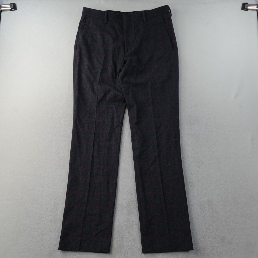 J Crew Ludlow Slim Pants Mens 31x32 Gray Burgundy Windowpane Plaid Dress Wool